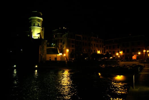 Vernazza, Italy - November 11, 2007: Buildings in Vernazza town. Is one of five famous colorful village of Cinque Terre National Park in Italy. In the night.