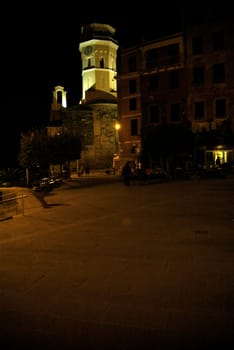 Vernazza, Italy - November 11, 2007: Buildings in Vernazza town. Is one of five famous colorful village of Cinque Terre National Park in Italy. In the night.