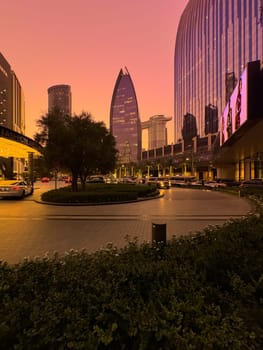 UAE, Dubai, 19 September 2024: architecture of the city at sunset, skyscrapers with glass facades. High quality photo