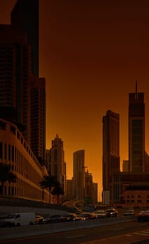 UAE, Dubai, 19 September 2024: architecture of the city at sunset, skyscrapers with glass facades. High quality photo