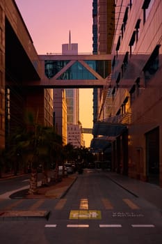 UAE, Dubai, 19 September 2024: architecture of the city at sunset, skyscrapers with glass facades. High quality photo