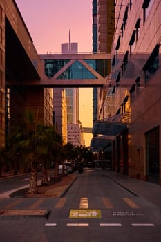 UAE, Dubai, 19 September 2024: architecture of the city at sunset, skyscrapers with glass facades. High quality photo