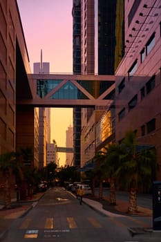 UAE, Dubai, 19 September 2024: architecture of the city at sunset, skyscrapers with glass facades. High quality photo