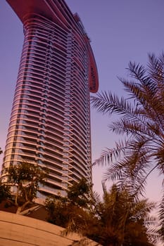 UAE, Dubai, 19 September 2024: architecture of the city at sunset, skyscrapers with glass facades. High quality photo