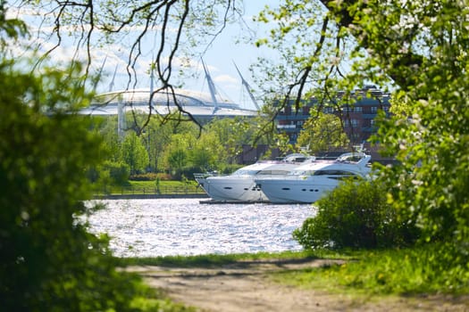 View of the mega yachts standing at the pier through the branches of trees on a clear sunny day, residential buildings and a stadium in the background, Russia, St.Petersburg. High quality photo