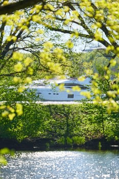View of the mega yachts standing at the pier through the branches of trees on a clear sunny day, residential buildings and a stadium in the background, Russia, St.Petersburg. High quality photo