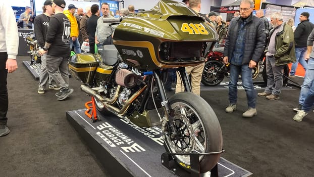 Montreal, QC Canada - 02.25.2023: Custom Motorcycle on Display at an Event, Showcasing Engineering and Design Excellence.