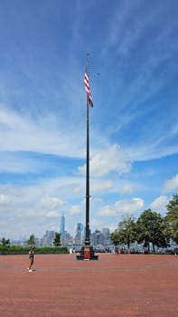 New York, NY USA - 07.07.2023: Stars Stripes A Patriotic Display Against the Iconic New York City Skyline Panorama.
