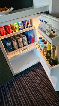 Las Vegas, NV USA - 09.21.2023: A Variety of Refreshments in a Mini Fridge Assorted Drinks for Hotel Guests Enjoyment.