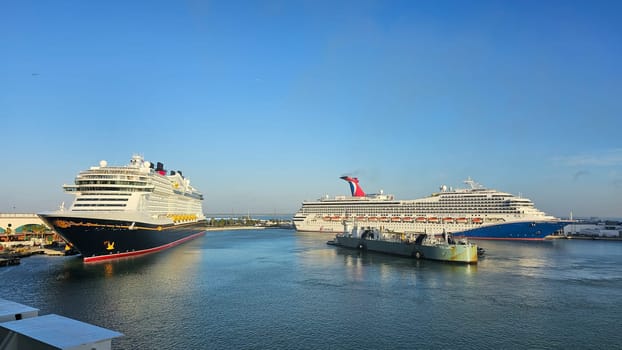 Cape Canaveral, FL USA - 02.12.2024: Stunning Cruise Ships at Port Canaveral, Florida, Under Clear Skies
