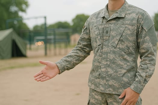AI generated A uniformed soldier stands at the frame's edge gesturing toward an active military training camp, showcasing discipline and teamwork. The background features obstacle courses and barracks