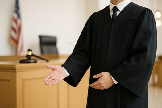 AI generated A judge stands at the edge of the frame gesturing to enter the courtroom with a serious expression. The background shows a formal trial setting with wooden benches