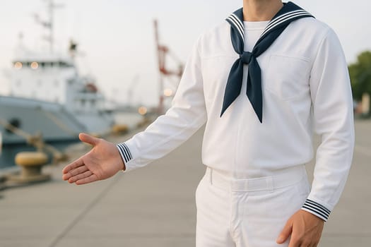 AI generated A sailor stands at the edge of the frame gesturing toward a bustling harbor with ships and docks. The scene conveys adventure, travel, and maritime life with a warm, inviting atmosphere.