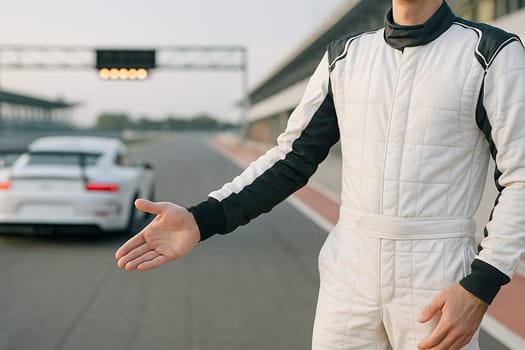 AI generated A determined race car driver stands at the edge of the frame, gesturing toward a high-speed racetrack filled with roaring cars. The dynamic scene captures adrenaline, competition