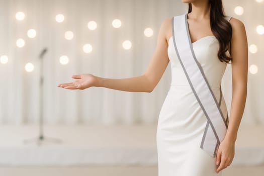 AI generated A radiant beauty queen stands at the frame edge gesturing toward a sparkling pageant stage with spotlights. The dazzling backdrop evokes elegance, competition and dream-come-true moments