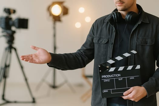 AI generated A visionary film director stands at the frame's edge gesturing toward a busy movie set with cameras and crew. The dynamic scene captures the creative energy of filmmaking, storytelling