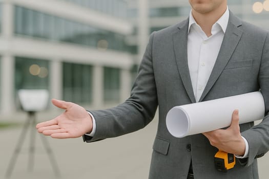 AI generated A confident architect stands at the frame's edge gesturing toward a sleek modern building while holding design blueprints. The scene showcases innovative architecture, urban development