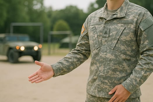 AI generated A uniformed soldier stands at the frame's edge gesturing toward an active military training camp, showcasing discipline and teamwork. The background features obstacle courses and barracks