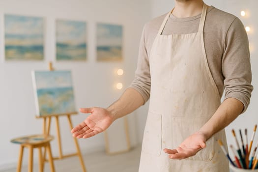 AI generated A passionate painter stands at the frame's edge gesturing toward an elegant art gallery filled with colorful paintings. The creative atmosphere evokes artistic expression, culture