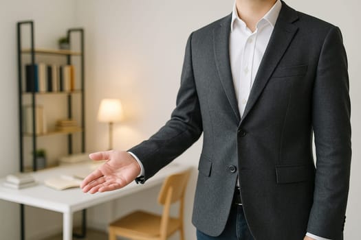 AI generated A thoughtful columnist stands at the frame's edge gesturing toward an inviting writing studio filled with books and warm lighting. The intellectual atmosphere suggests journalism