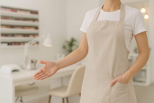 AI generated A professional nail technician stands at the frame edge gesturing toward a stylish nail salon interior. The bright, clean space features manicure stations with polish displays, beauty