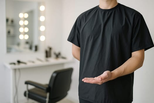 AI generated A skilled barber stands at the frame edge gesturing toward a traditional barber shop interior with vintage chairs and mirrors. The warm, masculine atmosphere evokes grooming