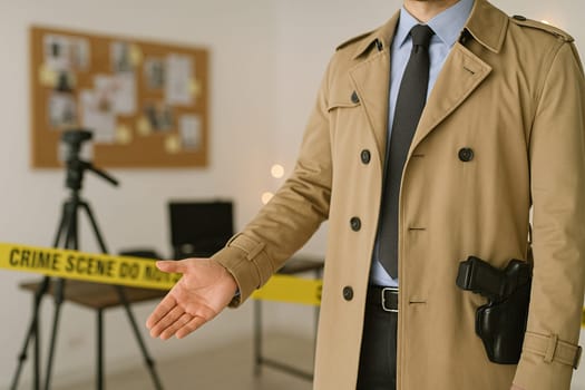 AI generated A sharp-eyed detective stands at the frame's edge gesturing toward a restricted crime scene marked by yellow police tape. The mysterious atmosphere suggests investigation, evidence
