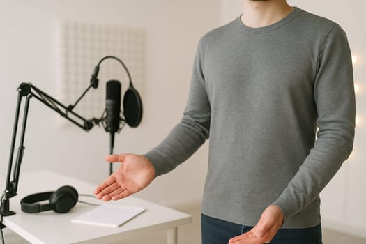 AI generated A talented voice actor stands at the frame's edge gesturing toward a high-tech sound recording studio. The background features microphones, audio equipment and acoustic panels
