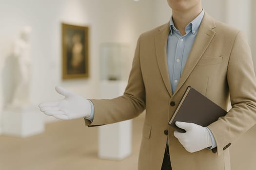 AI generated An elegant curator stands at the frame's edge gesturing toward a spacious museum gallery filled with art and artifacts. The sophisticated atmosphere conveys cultural heritage, artistic
