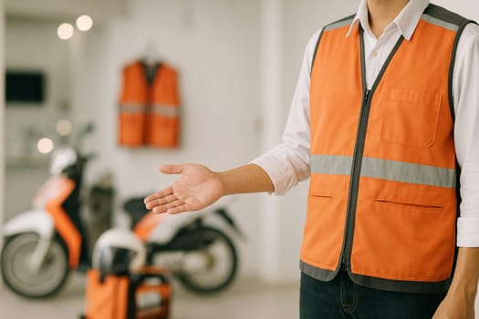 AI generated A friendly motorcycle taxi driver stands at the frame's edge gesturing toward his parked bike, ready for passenger service. The urban street scene conveys convenience