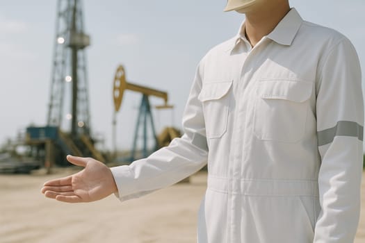 AI generated A seasoned petroleum explorer stands at the frame's edge gesturing toward an active oil drilling rig. The industrial backdrop showcases energy production, fossil fuel extraction