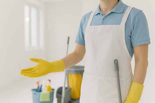 AI generated A professional cleaner stands at the frame's edge gesturing toward an immaculately clean white room. The sterile environment represents hygiene, sanitation professional cleaning services.