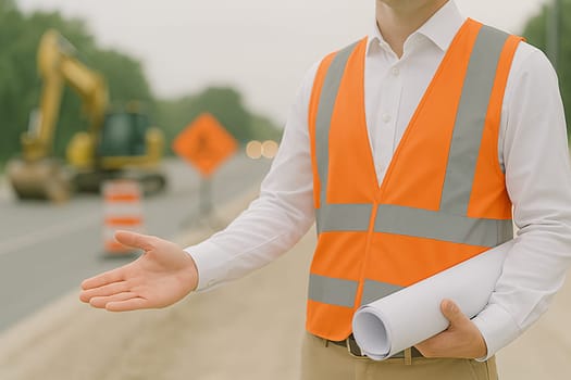 AI generated A professional civil engineer stands at the frame's edge gesturing toward an active road construction site. The infrastructure development scene showcases urban planning, engineering