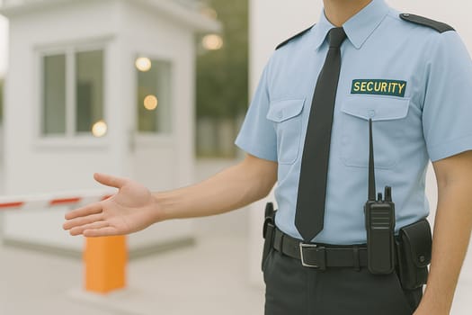 AI generated A professional security guard stands at the frame's edge gesturing toward a guarded checkpoint with security booth barrier. The scene conveys safety, access control property protection.