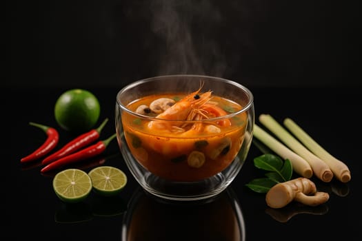 AI generated Aromatic tom yum goong soup served in a modern glass bowl with rising steam, placed on a sleek black glass table with reflective surface surrounding ingredients