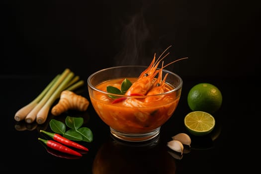 AI generated Aromatic tom yum goong soup served in a modern glass bowl with rising steam, placed on a sleek black glass table with reflective surface surrounding ingredients