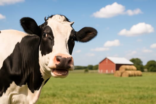 AI generated image of a cheerful dairy cow smiling and peeking from the side of the frame with half its body visible. The background features a wide livestock field with a rustic barn and hay bales
