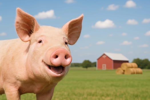 AI generated image of a cheerful pig smiling and peeking from the side of the frame with half its body visible. The background features a wide livestock field with a rustic barn and hay bales
