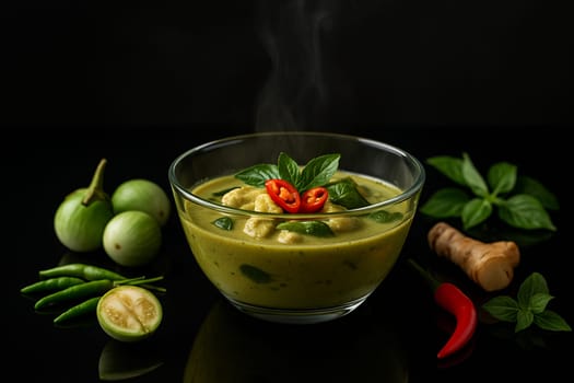 AI generated Aromatic green curry served steaming in a modern glass bowl placed on a glossy black table with mirror-like reflection surrounding fresh ingredients