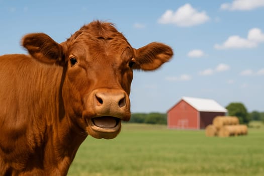 AI generated image of a friendly beef cow smiling and playfully peeking from the side with half its body visible. The background shows a vast pastoral landscape with a traditional barn and hay bales