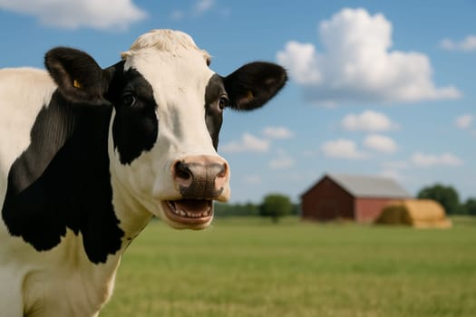 AI generated image of a cheerful dairy cow smiling and peeking from the side of the frame with half its body visible. The background features a wide livestock field with a rustic barn and hay bales