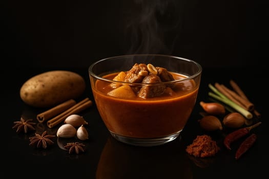 AI generated Aromatic Massaman curry served steaming in a contemporary glass bowl, placed on a sleek black glass table with mirror-like finish surrounding ingredients