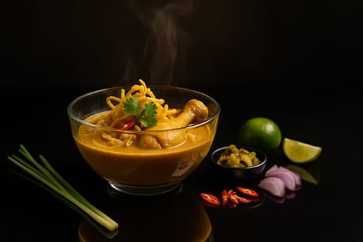 AI generated Fragrant northern Thai khao soi chicken curry noodles served steaming in a contemporary glass bowl, placed on a glossy black table with mirror-like reflection surrounding ingredients