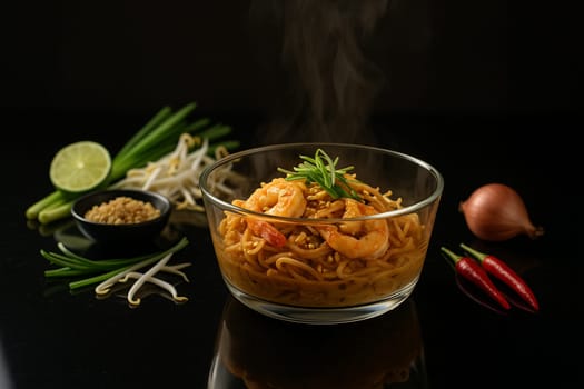 AI generated Sizzling pad thai noodles served in a modern glass bowl with rising steam, placed on a reflective black glass table surrounding fresh ingredients