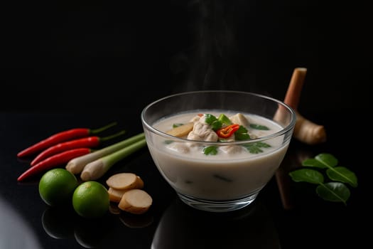 AI generated A steaming bowl of aromatic chicken galangal soup served in a contemporary glass bowl on a glossy black table with reflective surface surrounding fresh ingredients