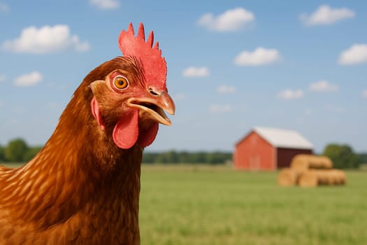 AI generated image of a cheerful chicken smiling and curiously peeking from the side with half its body visible. The background shows a traditional farm landscape rustic barn, hay bales open fields