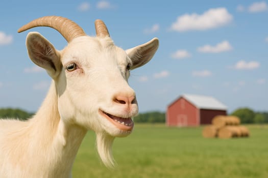AI generated image of a friendly goat smiling and curiously peeking from the side with half its body visible. The scene features a traditional farm setting rustic barn, hay bales open grazing fields