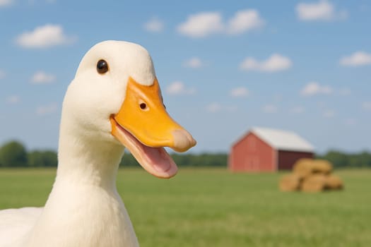AI generated image of a cheerful duck smiling and playfully peeking from the side with half its body visible. The background features a picturesque farm scene rustic barn, golden hay bales open fields
