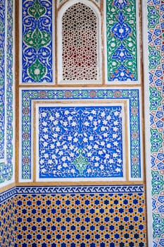 beautiful carved wooden painted walls of Museum of Art of Uzbekistan with Uzbek traditional ornaments and decorative oriental patterns in Uzbekistan