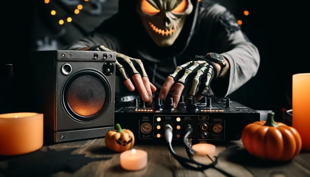A masked DJ donning a voodoo-inspired costume captivates a room full of costumed revelers with pulsating beats under a canopy of spectral lights, igniting a mystical dance floor frenzy.